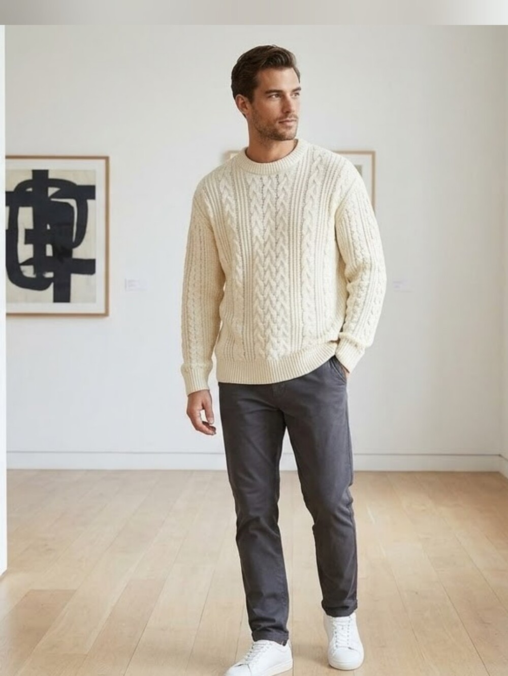 ​H&M Men's Cream Chunky Cable Knit Sweater | Relaxed Fit Size M